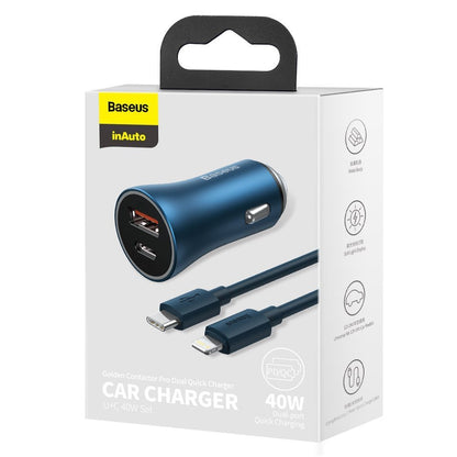 Chargeur de voiture avec câble Lightning Baseus Golden Contactor, 40W, 3A, 1 x USB-A - 1 x USB-C, Bleu TZCCJD-03