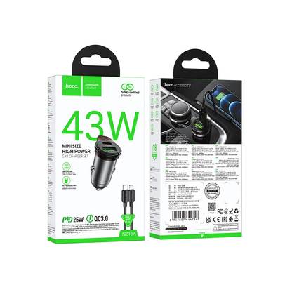 Chargeur de voiture avec câble Lightning HOCO NZ16A, 43W, 3A, 1 x USB-A - 1 x USB-C, Gris