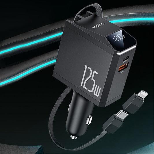 Chargeur de voiture avec câble USB-C / Lightning Yesido Y71 Display, 125W, 3A, 1 x USB-A - 1 x USB-C, Noir