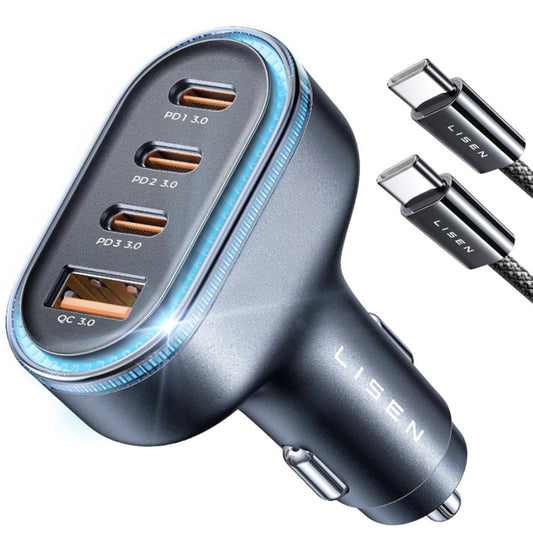 Chargeur de voiture avec câble USB-C Lisen, 101W, 3.25A, 1 x USB-A - 3 x USB-C, Noir YL0223120021