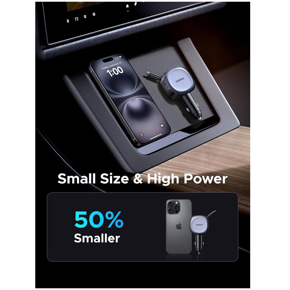 UGREEN EC601 Car Charger with USB-C Cable, 75W, 3A, 1 x USB-A - 1 x USB-C, Grey