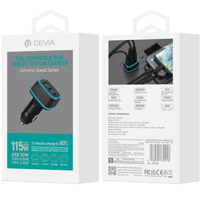 Chargeur de voiture DEVIA Extreme, 115W, 3A, 1 x USB-A - 2 x USB-C, noir 