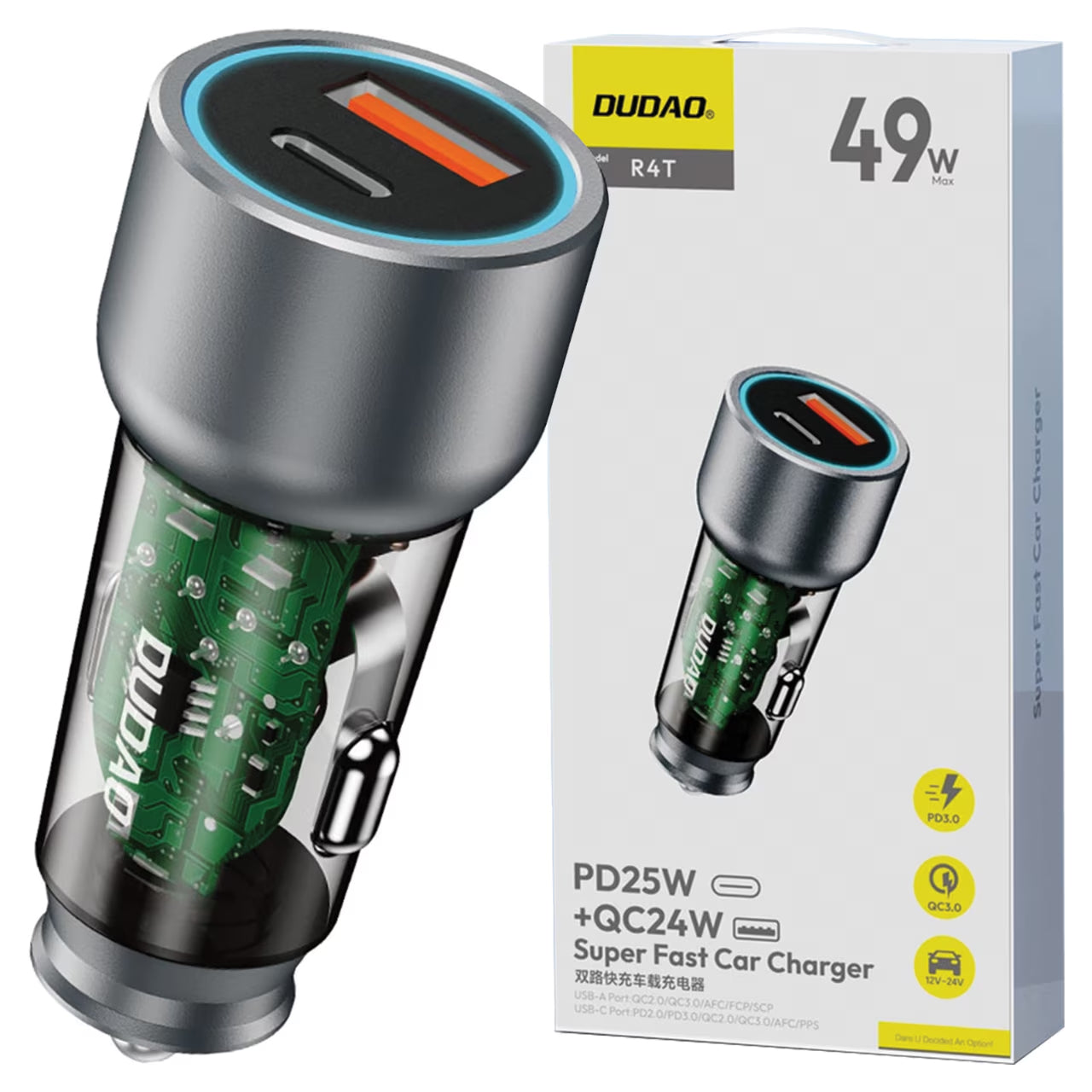 Chargeur de voiture Dudao R4T, 30W, 3A, 1 x USB-A - 1 x USB-C, Gris 