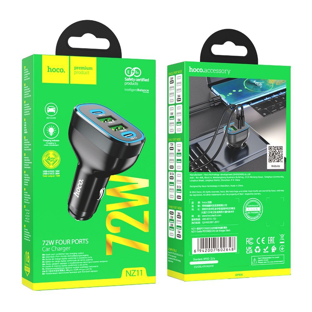 Chargeur de voiture HOCO Guide NZ11, 72W, 3A, 2 x USB-A - 2 x USB-C, noir 