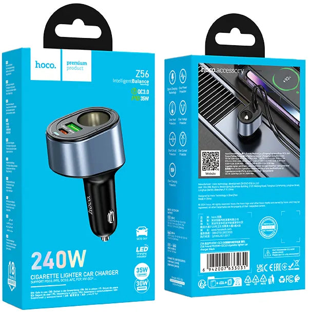 Chargeur Auto HOCO Z56, 35W, 3A, 1 x USB-A - 1 x USB-C - 1 x Extension Allume-cigare, Noir