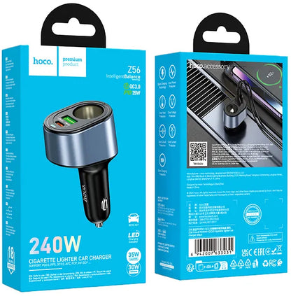 Chargeur Auto HOCO Z56, 35W, 3A, 1 x USB-A - 1 x USB-C - 1 x Extension Allume-cigare, Noir