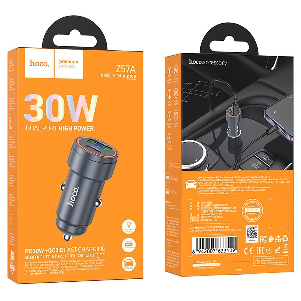 Chargeur de voiture HOCO Z57A, 30W, 3A, 1 x USB-A - 1 x USB-C, Gris