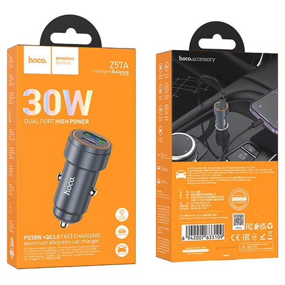 Chargeur de voiture HOCO Z57A, 30W, 3A, 1 x USB-A - 1 x USB-C, Gris