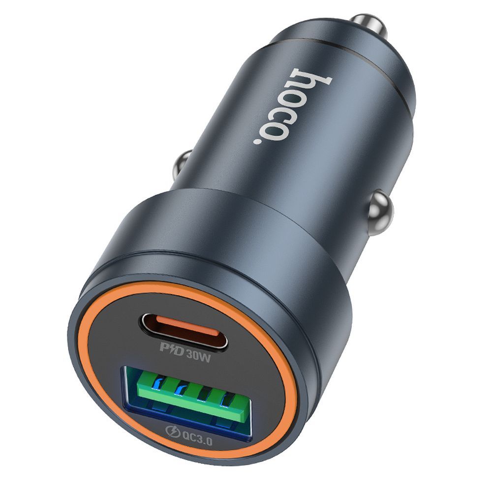 Chargeur de voiture HOCO Z57A, 30W, 3A, 1 x USB-A - 1 x USB-C, Gris