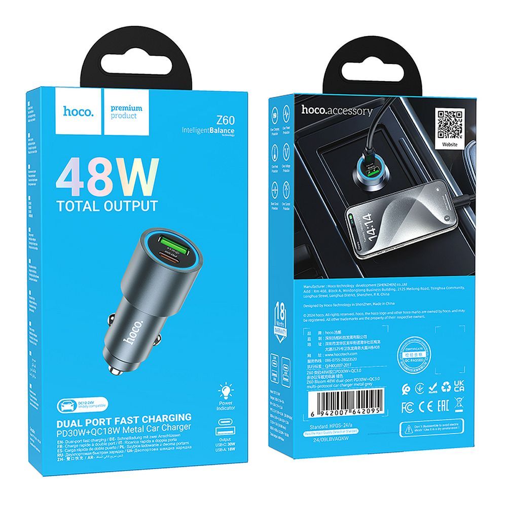 Chargeur de voiture HOCO Z60, 48W, 3A, 1 x USB-A - 1 x USB-C, Noir