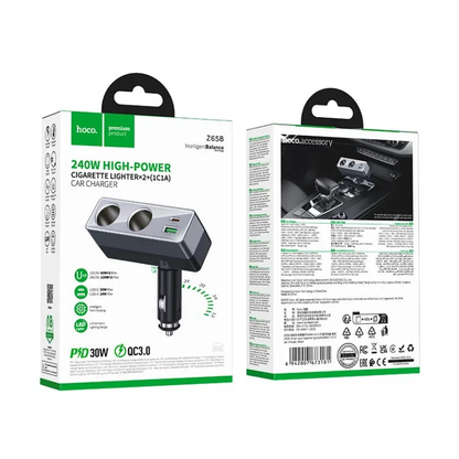 Chargeur Auto HOCO Z65B, 240W, 1 x USB-A - 1 x USB-C - 2 x Extension Allume-cigare, Noir
