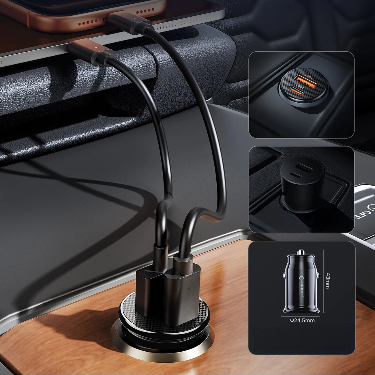 Chargeur Auto Orico PowerMini, 30W, 3A, 1 x USB-A - 1 x USB-C, Noir