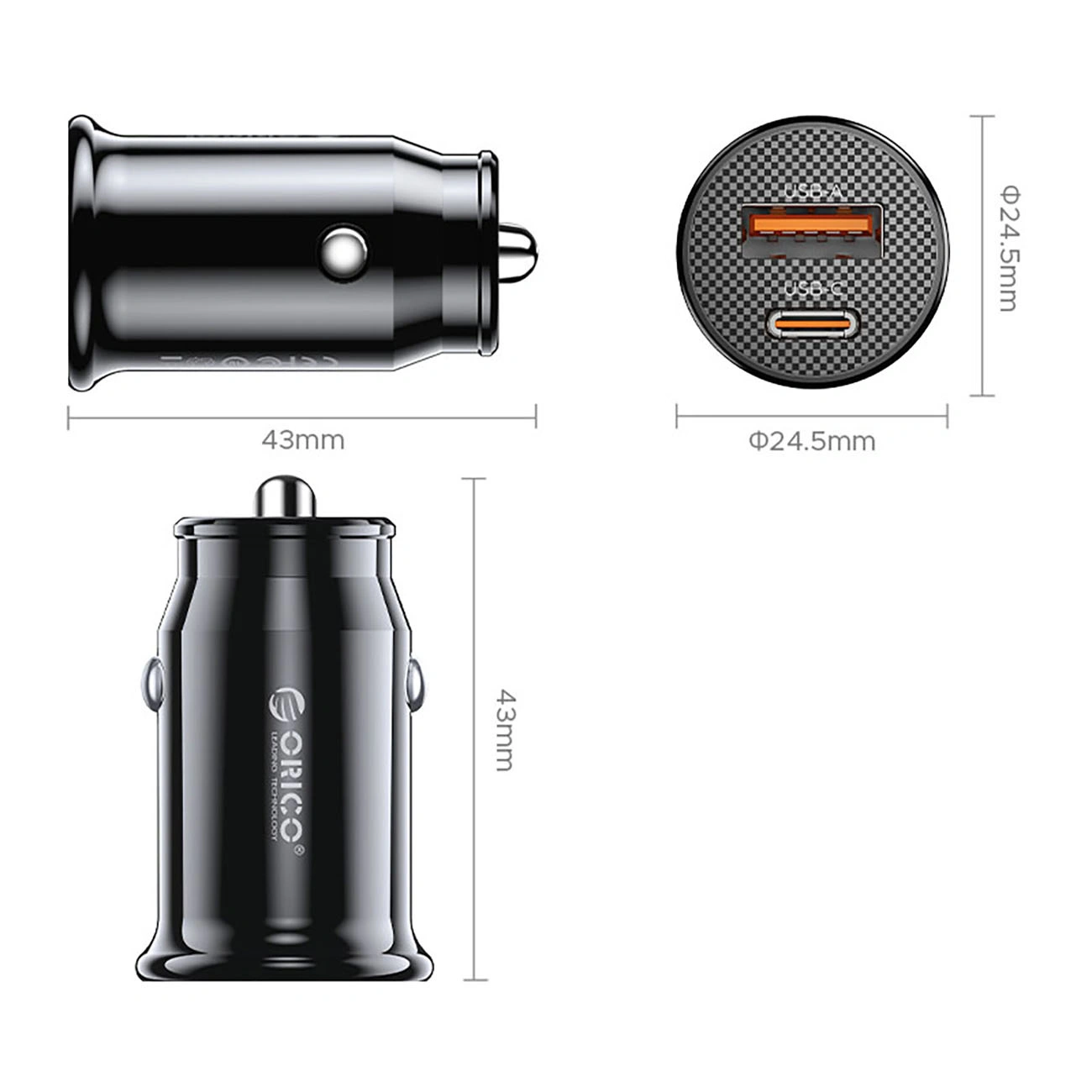 Chargeur Auto Orico PowerMini, 30W, 3A, 1 x USB-A - 1 x USB-C, Noir
