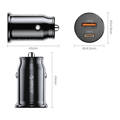 Chargeur Auto Orico PowerMini, 30W, 3A, 1 x USB-A - 1 x USB-C, Noir
