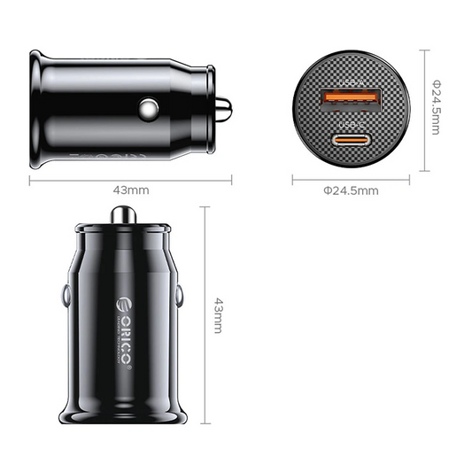 Chargeur Auto Orico PowerMini, 30W, 3A, 1 x USB-A - 1 x USB-C, Noir