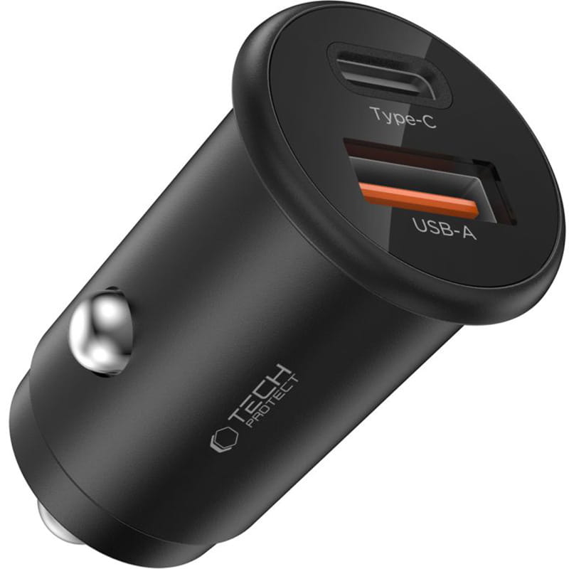 Chargeur de voiture Tech-Protect CC02, 35W, 3A, 1 x USB-A - 1 x USB-C, Noir