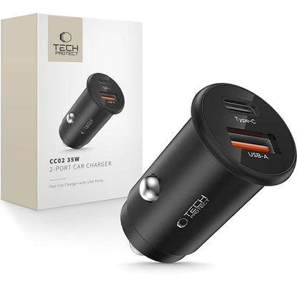 Chargeur de voiture Tech-Protect CC02, 35W, 3A, 1 x USB-A - 1 x USB-C, Noir