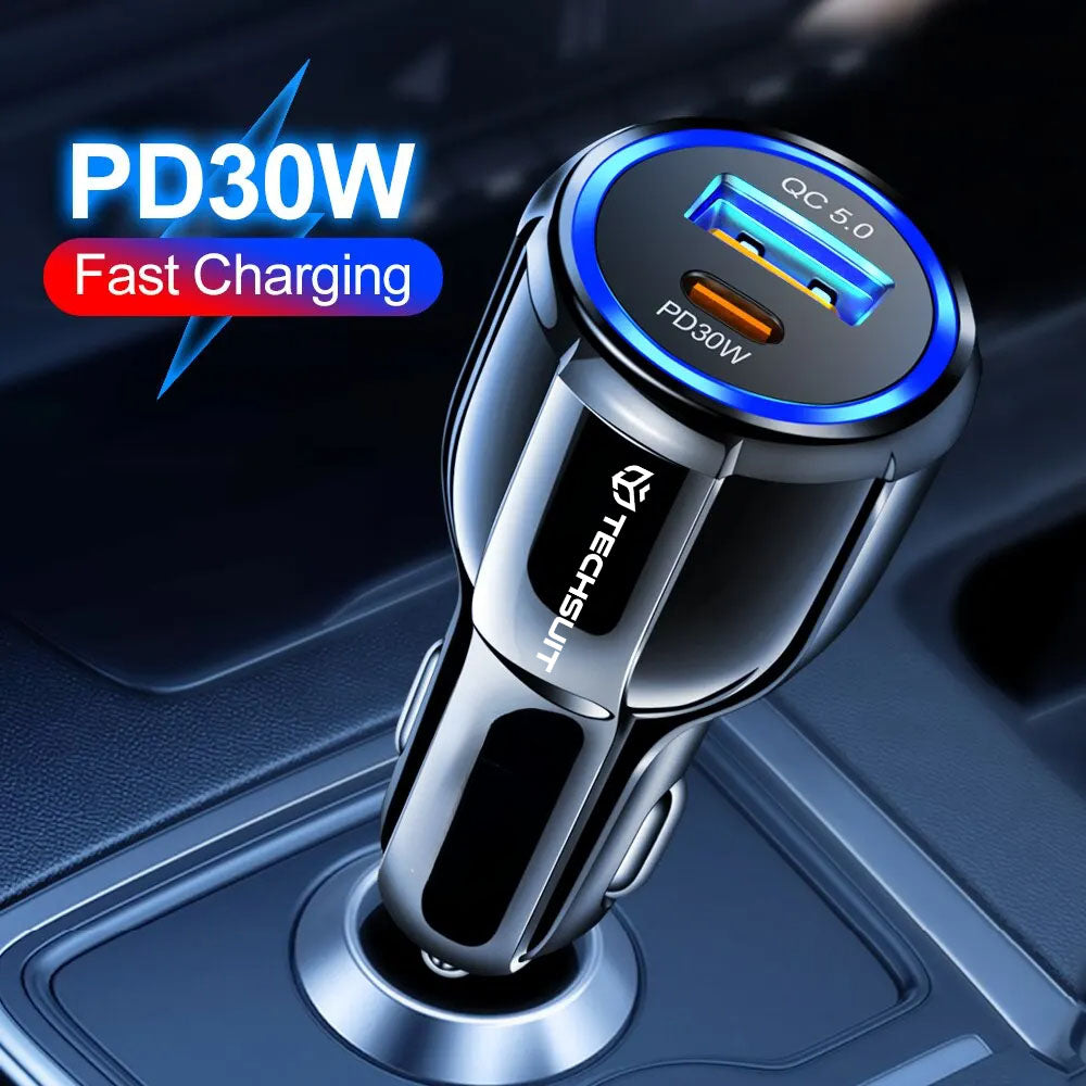 Chargeur Auto Techsuit TE-022 Premium, 60W, 3A, 1 x USB-A - 1 x USB-C, Noir