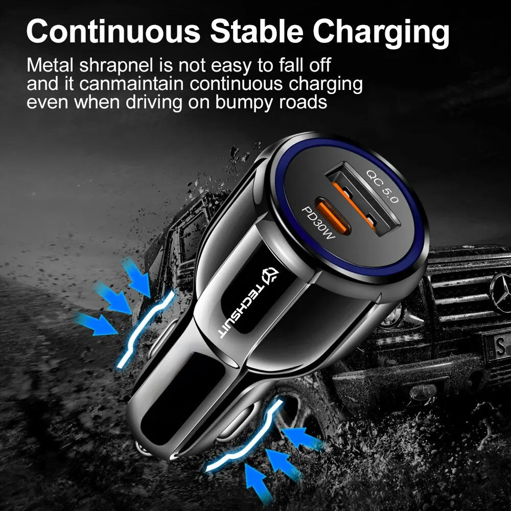 Chargeur Auto Techsuit TE-022 Premium, 60W, 3A, 1 x USB-A - 1 x USB-C, Noir