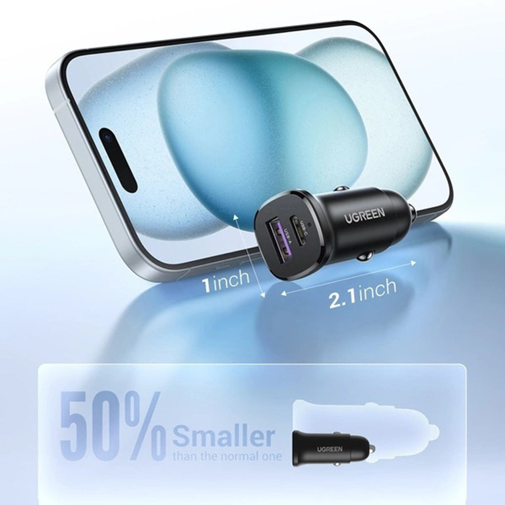 Chargeur de voiture UGREEN EC305, 30W, 3A, 1 x USB-A - 1 x USB-C, Noir