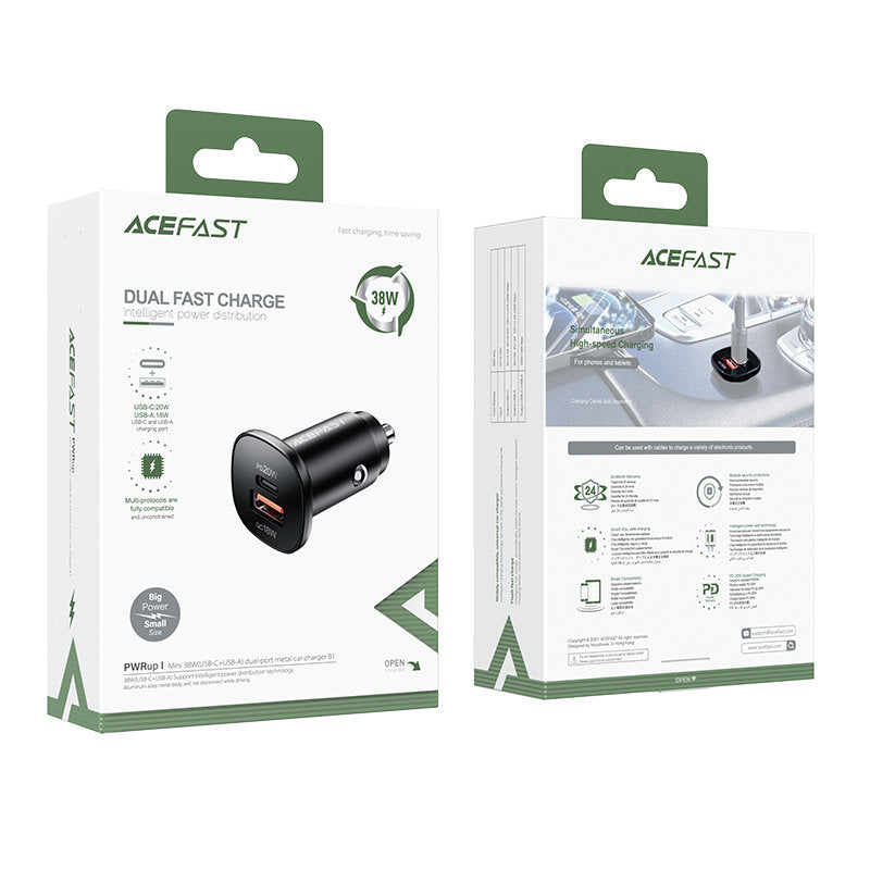 Chargeur Auto Acefast B1, 38W, 3A, 1 x USB-A - 1 x USB-C, Noir