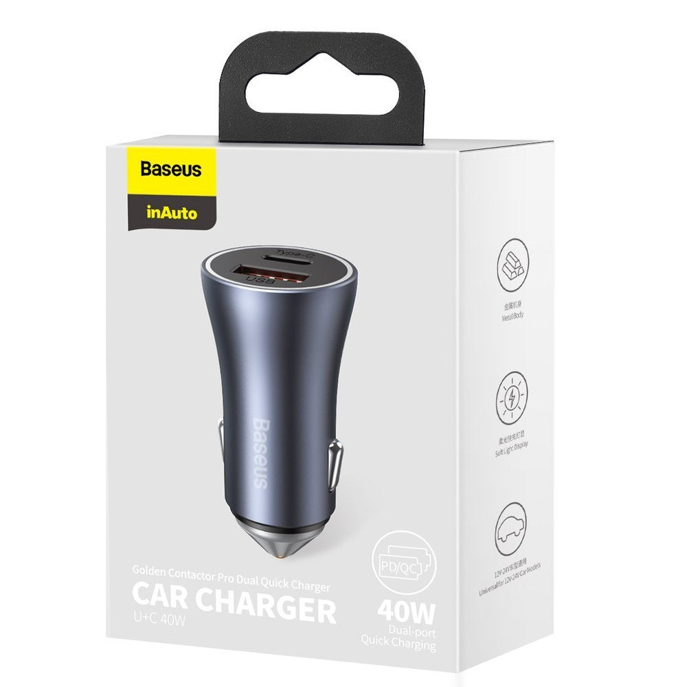 Chargeur de voiture Baseus Golden Contactor Pro, 40W, 3A, 1 x USB-A - 1 x USB-C, Gris CCJD-0G CCJD-0G