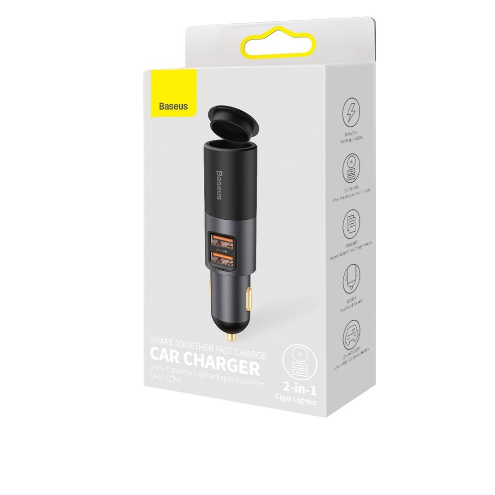 Baseus Chargeur de voiture Share Together, 120W, 3A, 1 x Extension allume-cigare - 2 x USB-A, Noir CCBT-D0G CCBT-D0G