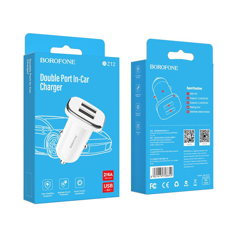 Chargeur de voiture Borofone BZ12, 12W, 2.4A, 2 x USB-A, blanc