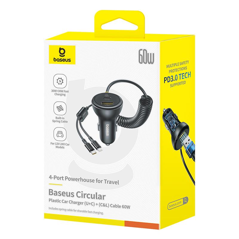 Chargeur de voiture avec câble USB-C / Lightning Baseus Circular, 60W, 3A, 1 x USB-A - 1 x USB-C, Noir C00035902121-00