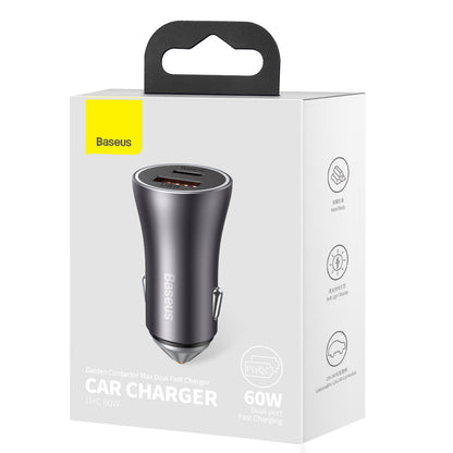 Chargeur de voiture Baseus Golden Golden Contactor Max, 60W, 3A, 1 x USB-A - 1 x USB-C, Gris CGJM000113 CGJM000113 