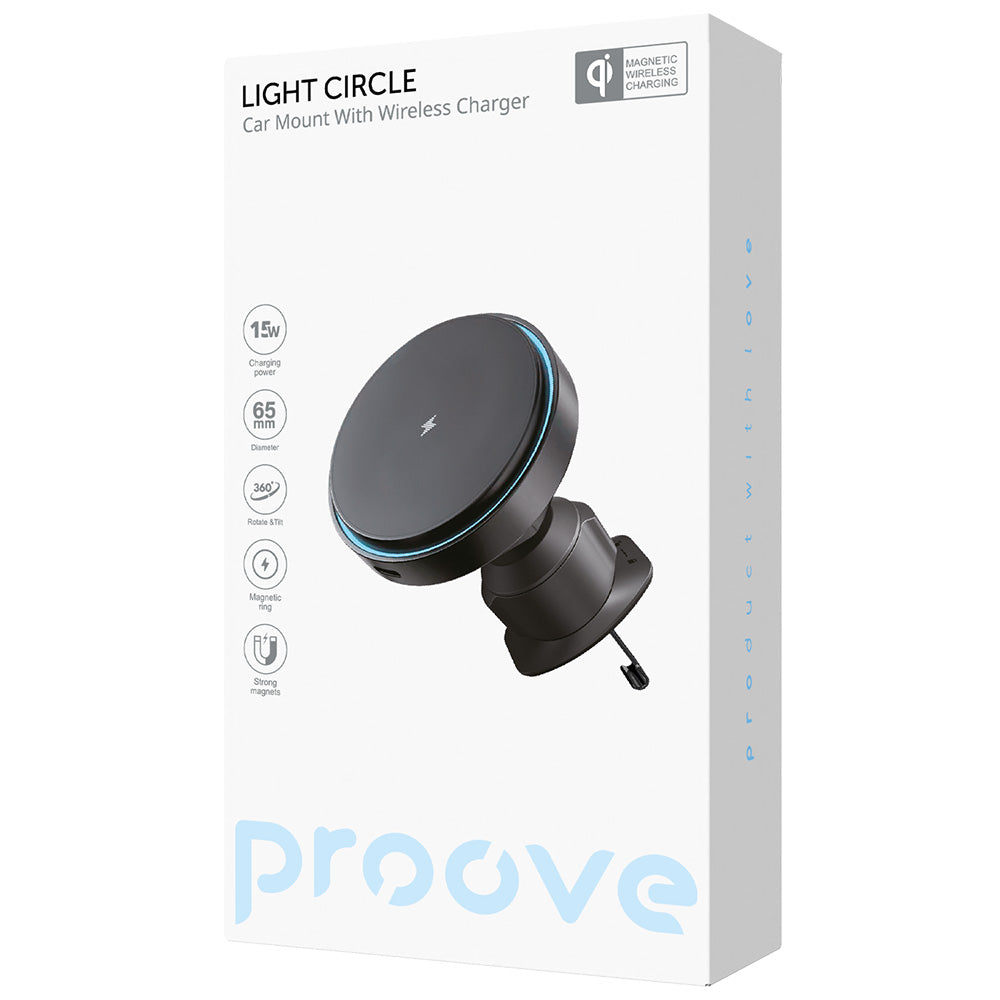 Chargeur Auto Sans Fil Proove Light Circle, 15W, 1.67A, Noir WHLC15010001