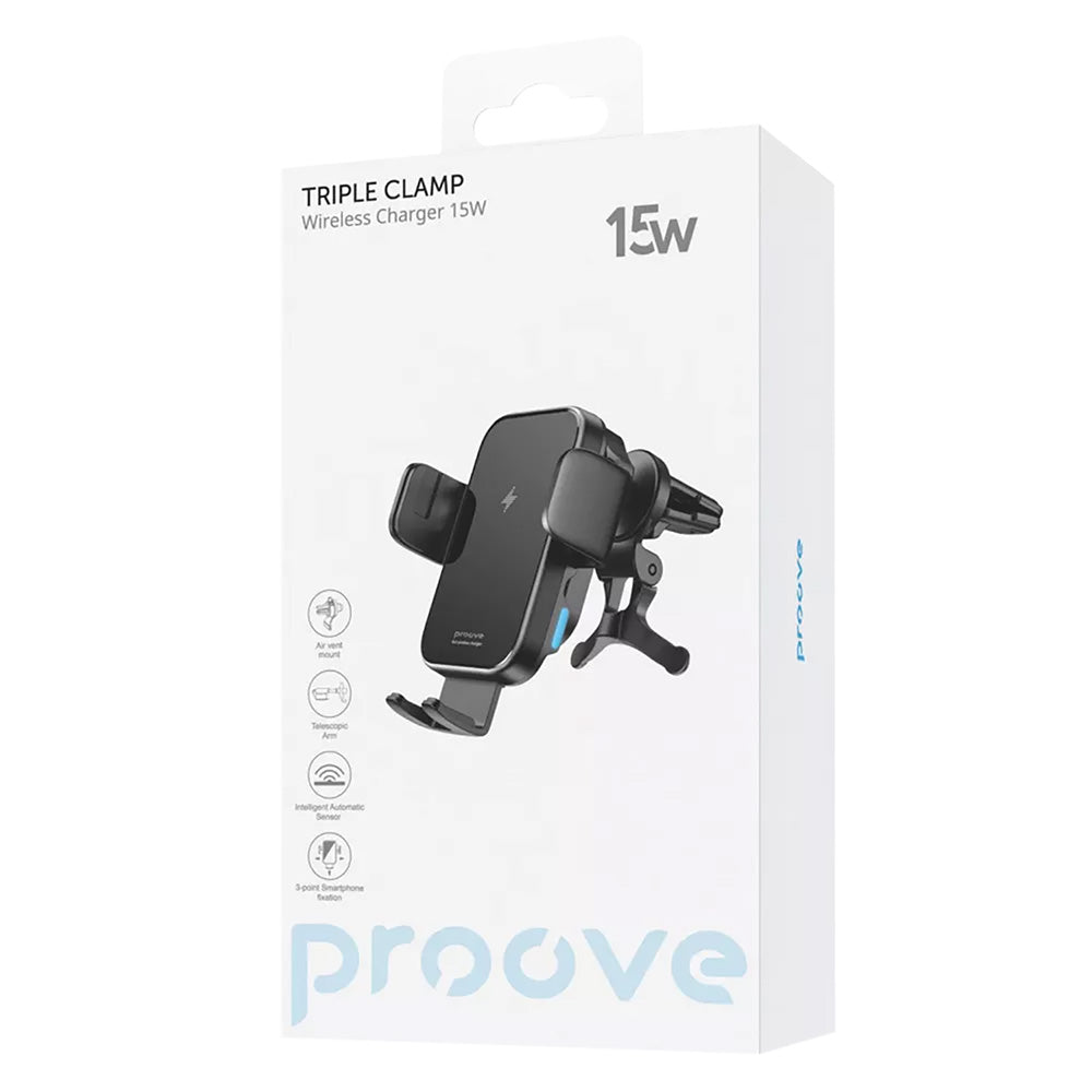 Chargeur Auto Sans Fil Proove Triple Clamp, 15W, 1.67A, Noir WHTC15010001