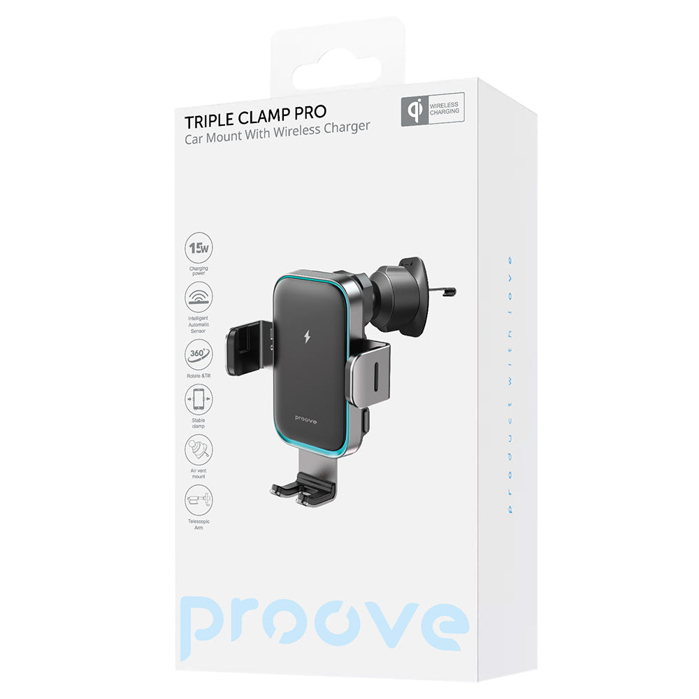 Chargeur Auto Sans Fil Proove Triple Clamp Pro, 15W, 1.67A, Gris WHTP15010004