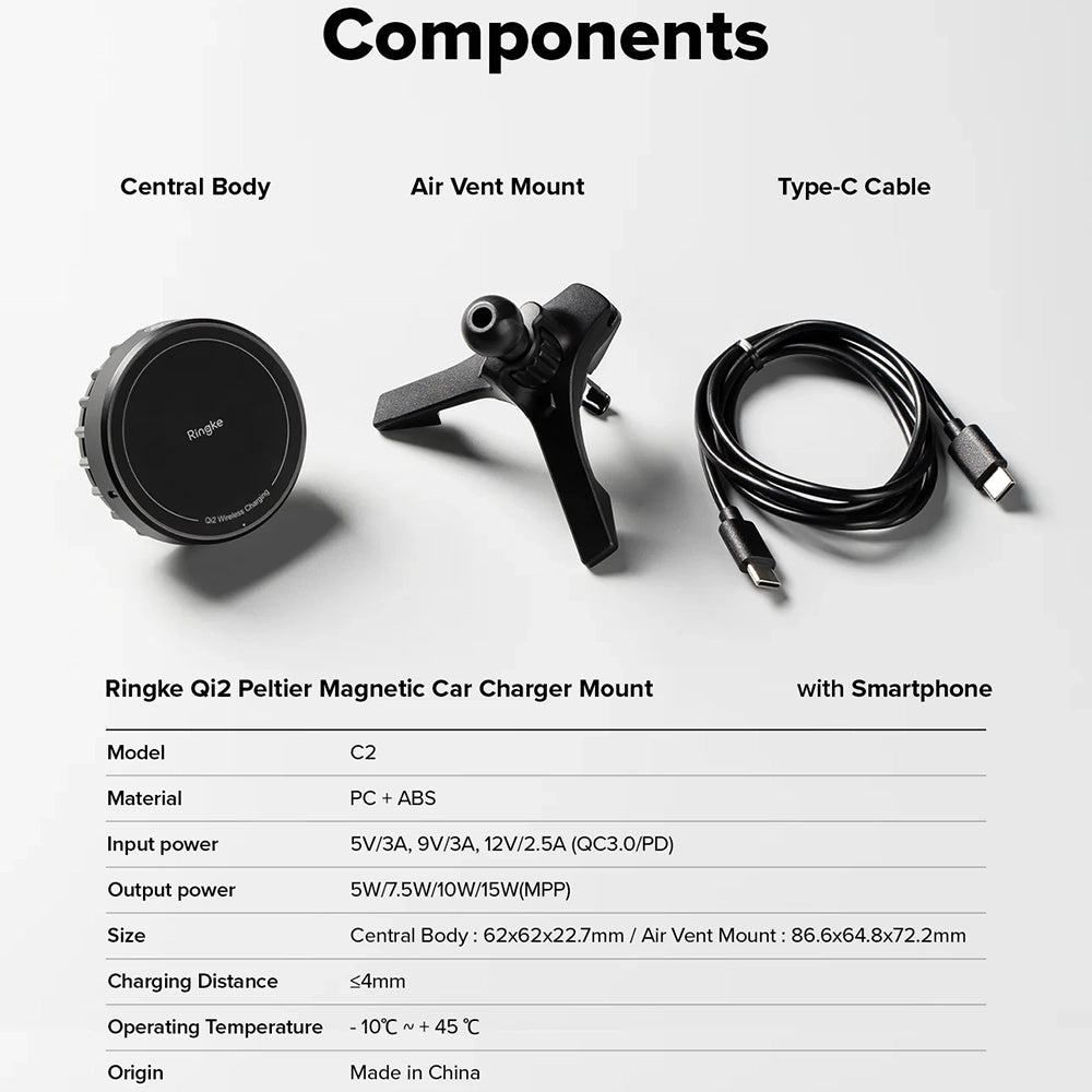 Chargeur Auto Sans Fil Ringke, 15W, 1.67A, Noir