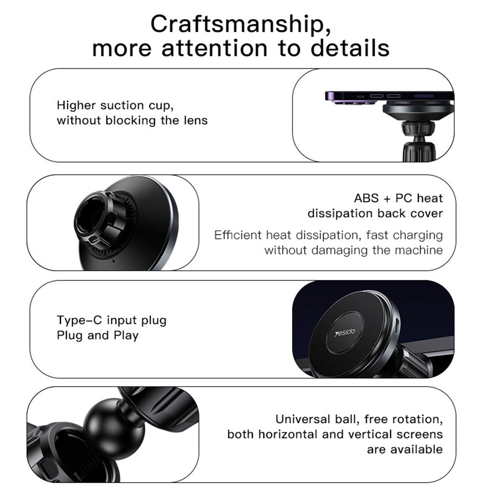 Chargeur Auto Sans Fil Yesido C190, 15W, 1.67A, Noir