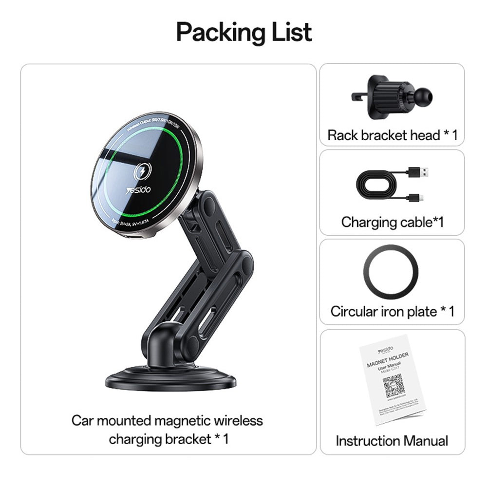 Chargeur Auto Sans Fil Yesido C317, 15W, 1,67A, Noir