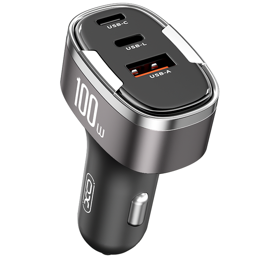 Chargeur Auto XO Design CC61, 100W, 3A, 1 x Lightning - 1 x USB-A - 1 x USB-C, Gris