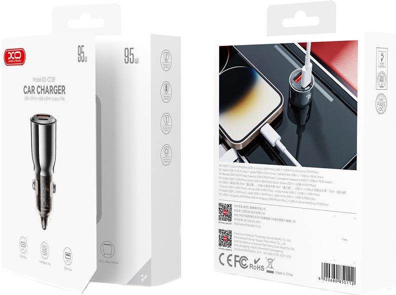 Chargeur Auto XO Design CC58, 95W, 3.25A, 1 x USB-A - 1 x USB-C, Noir