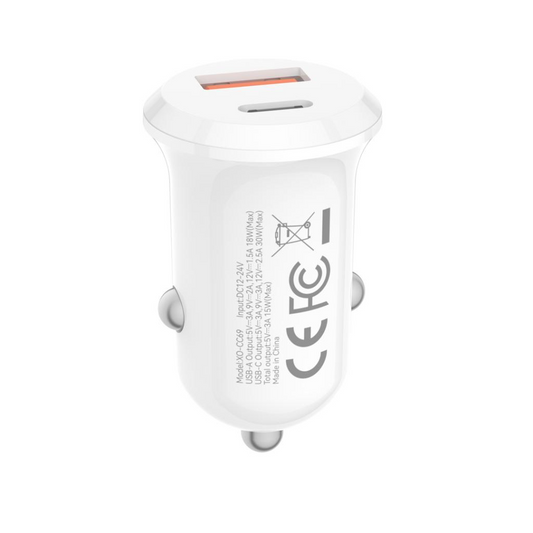 Chargeur de voiture XO Design CC69, 30W, 3A, 1 x USB-A - 1 x USB-C, Blanc