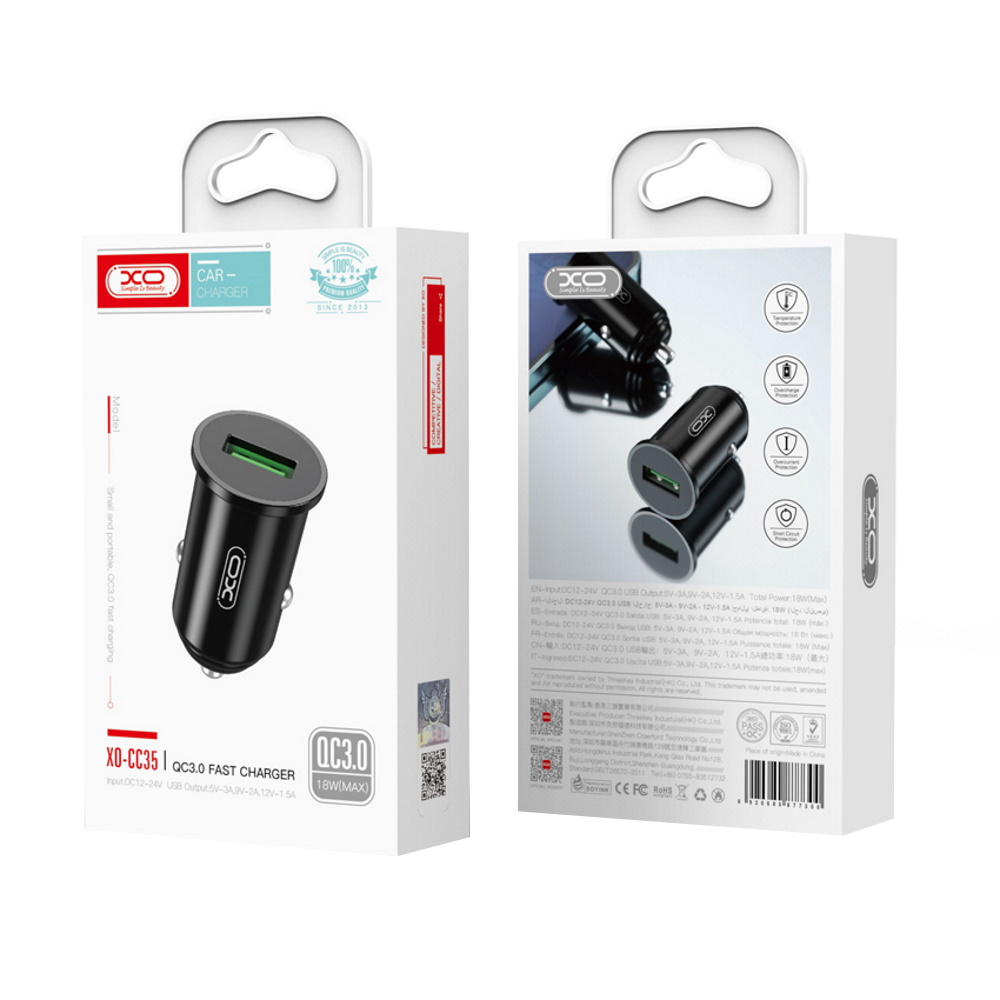 Chargeur Auto XO Design CC35, 18W, 3A, 1 x USB-A, Noir