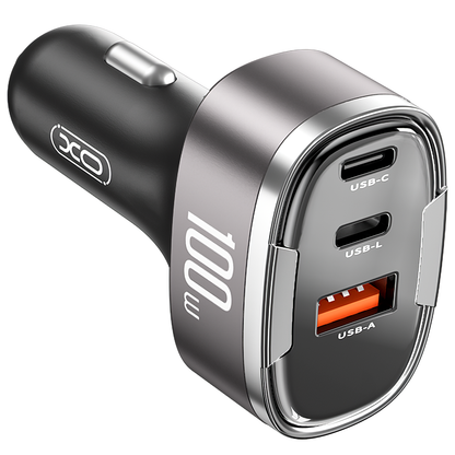 Chargeur Auto XO Design CC61, 100W, 3A, 1 x Lightning - 1 x USB-A - 1 x USB-C, Gris