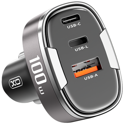 Chargeur Auto XO Design CC61, 100W, 3A, 1 x Lightning - 1 x USB-A - 1 x USB-C, Gris