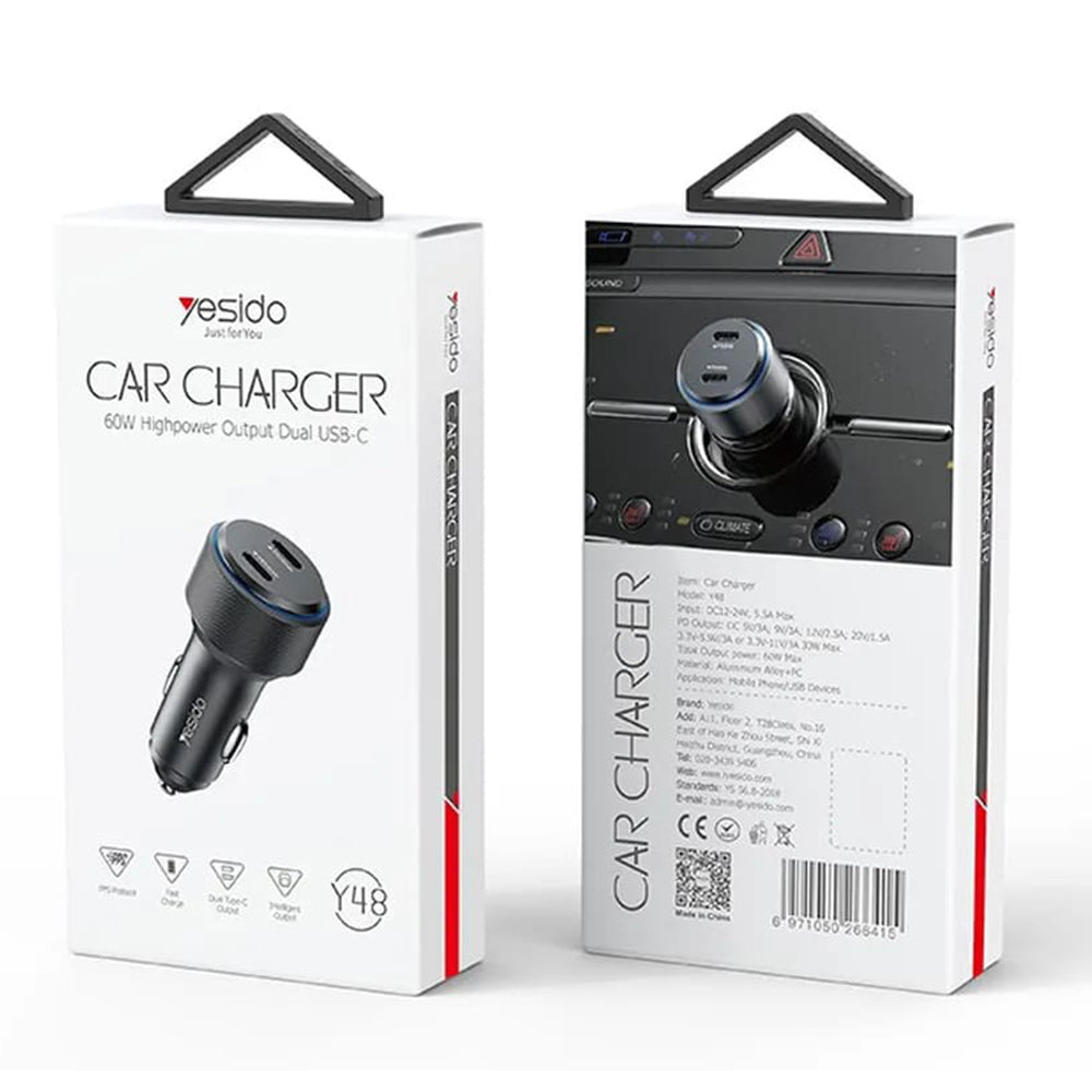 Yesido Y48 Car Charger, 60W, 3A, 2 x USB-C, Black