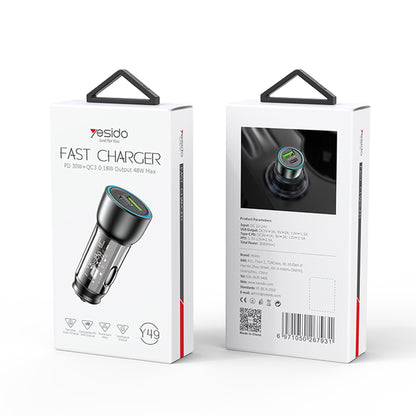 Chargeur de voiture Yesido Y49, 30W, 3A, 1 x USB-A - 1 x USB-C, Gris