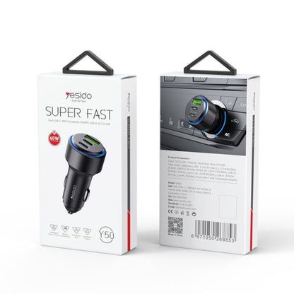 Chargeur de voiture Yesido Y50, 60W, 3A, 1 x USB-A - 2 x USB-C, Noir