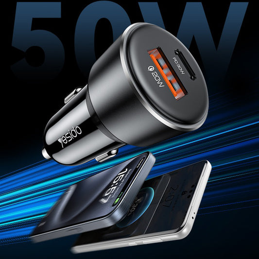 Chargeur de voiture Yesido Y64, 50W, 3A, 1 x USB-A - 1 x USB-C, Noir