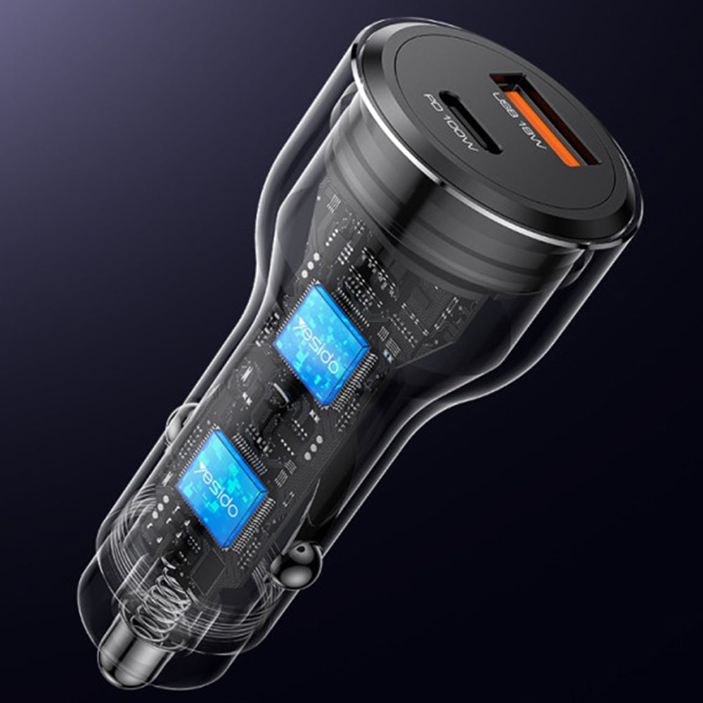 Chargeur de voiture Yesido Y65, 100W, 5A, 1 x USB-A - 1 x USB-C, Noir