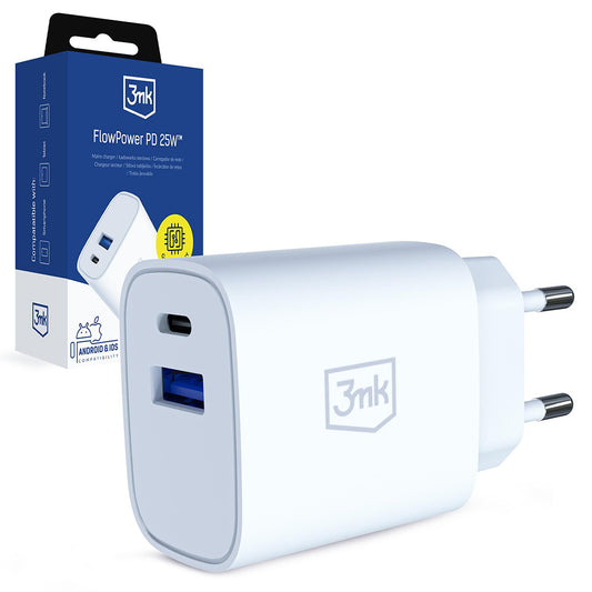 Chargeur Secteur 3MK FlowPower, 25W, 1 x USB-A - 1 x USB-C, Blanc