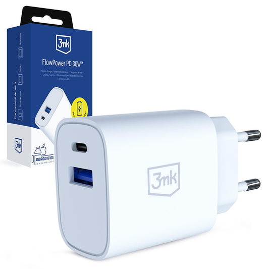 Chargeur Secteur 3MK FlowPower, 30W, 1 x USB-A - 1 x USB-C, Blanc