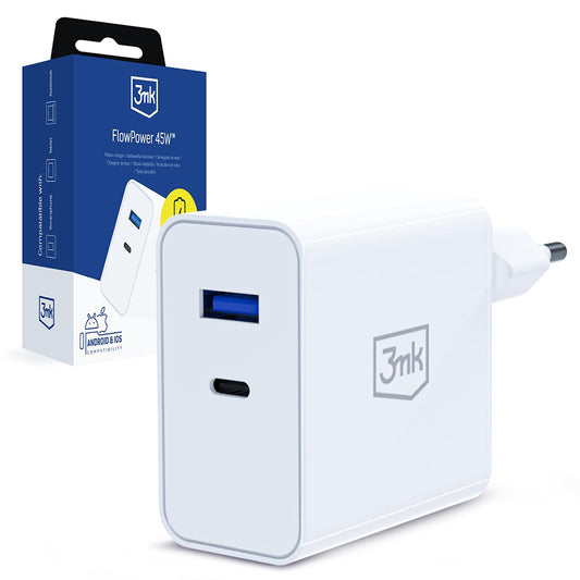 Chargeur Secteur 3MK FlowPower, 45W, 1 x USB-A - 1 x USB-C, Blanc